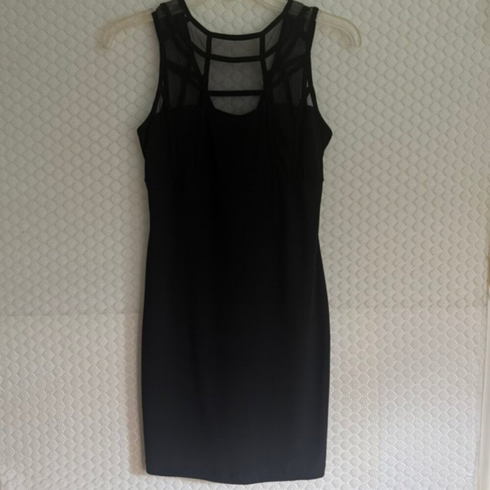 Ruby Rox Little Black Bodycon Dress -Mesh Accent Neckline, V Back, Lined Sz S